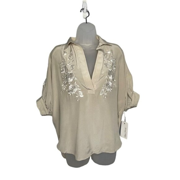 Fifteen-Twenty Silk Short Raglan Sleeve XS Embroidered Rose Flowy Blouse USA - Picture 1 of 16